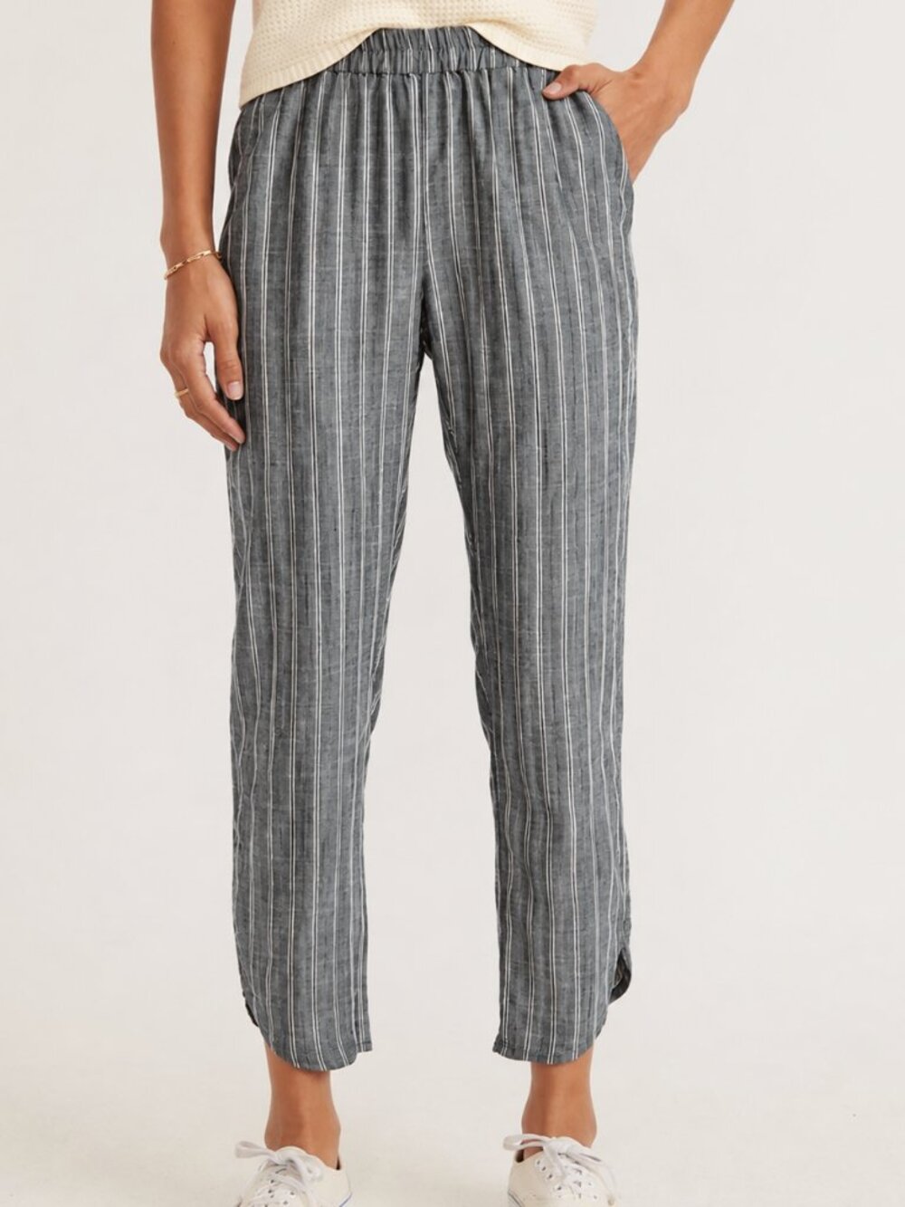 Marine Layer Allison Gray Stripe Tencel Curved Hem Pull-on Pants SZ Medium Boho